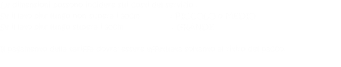 Le dimensioni possono incidere sui costi del servizio .  Se il lato piu' lungo non supera i 60cm            : PICCOLO o MEDIO  Se il lato piu' lungo supera i 60cm                   : GRANDE   Il pagamento della tariffa dovra' essere effetuata soltanto al ritiro del pacco.   